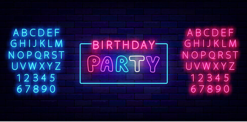 Wall Mural - Birthday party neon label. Rectangular frame. Light event. Luminous blue and pink alphabet. Vector stock illustration