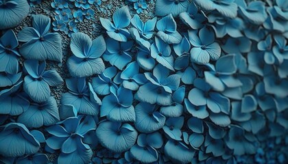 a close up view of a blue flowered fabric with many petals on the back of it, with a black backgroun