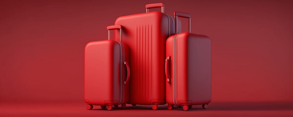three red modern suitcases on a red background. generative ai. travel concept.