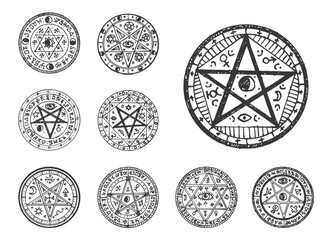 Poster - Circle magic pentagram sketch, old occult seal