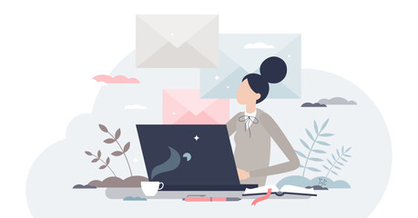 Wall Mural - Writing professional email and business communication tiny person concept, transparent background. Write new digital letter using computer document illustration. Elegant businesswoman in work.