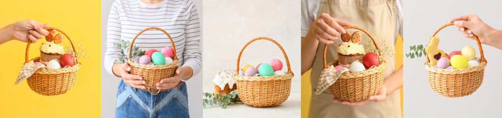 Wall Mural - Collage of baskets with painted Easter eggs