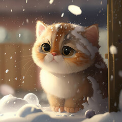 Wall Mural - Cute baby cat in snow. Cartoon pet character winter composition. Little fluffy kitten in snowy weather. 3d render illustration. Generative AI art.