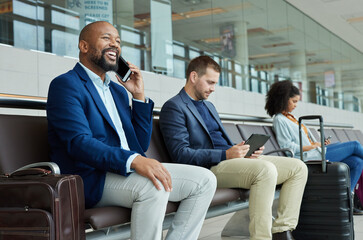 Canvas Print - Black man, phone call at airport with travel for work and smile, communication and business trip. Waiting on flight, journey and travelling for job, businessman has conversation with connectivity