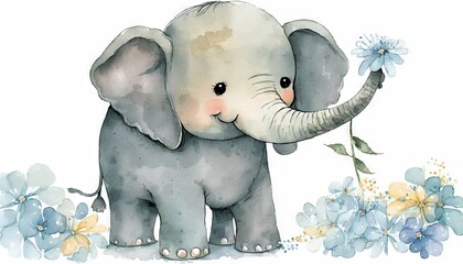 Wall Mural -  a watercolor painting of an elephant with flowers on it's back and a blue flower in its trunk, with a white background.  generative ai