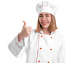 © Pixel-Shot - Female baker in uniform showing thumb-up on white background