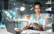 © Chanelle M/peopleimages.com - Tablet, hologram chart and business woman in office with laptop and global map at night. Future, technology and female employee with digital touchscreen, cyber statistics or overlay, graphs or data.