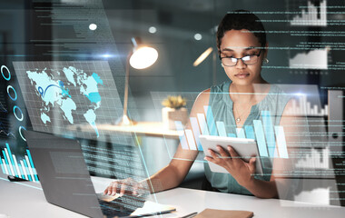 Poster - Tablet, hologram chart and business woman in office with laptop and global map at night. Future, technology and female employee with digital touchscreen, cyber statistics or overlay, graphs or data.