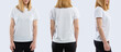 Template of a women's t-shirt of white colors. Front view, side view, back view. Mockup.
