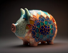 Generative AI Illustration Of A Ceramic Piggybank Encrusted With Colorful Enamel And Glass Decorations. Concept Of Savings.