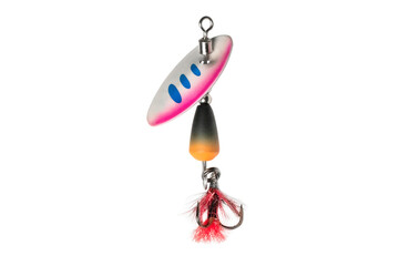 Metal fishing lure isolated on white background. Spinner lure isolated..