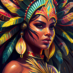 Rio de Janeiro Carnival Party Illustration Generative AI, close-up woman in Tropical Exotic Festival Costume. Stylized art of a brazilian samba dancer