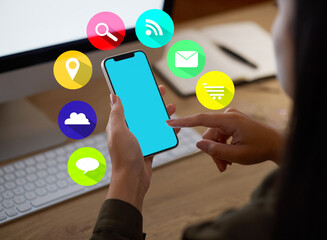 Phone app hologram, mockup green screen or hands in office for social media, networking or reading blog news. Scroll or developer girl on smartphone content search, notification or futuristic icon