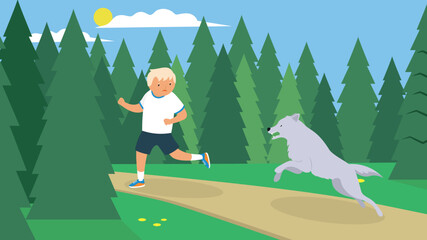 Sticker - A man runs away from a wolf in the forest. Vector illustration in flat style