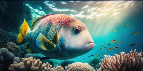 Coral reef with fish, generative ai