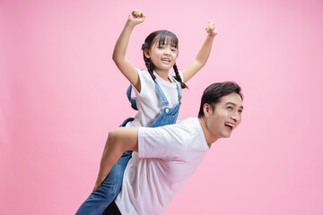 Wall Mural - Image of Asian father and daughter on background