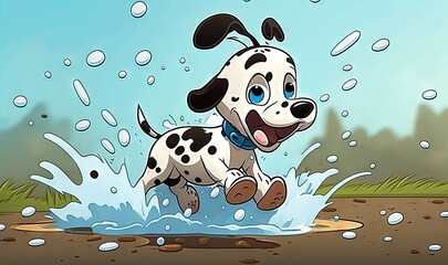 Sticker -  a cartoon dog running through a puddle of water with his mouth open.  generative ai