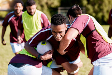 Wall Mural - Team, tackle or rugby men in training, exercise or workout match on sports field running with a ball. Challenge, strong man or powerful group in tough competitive game with physical fitness or effort