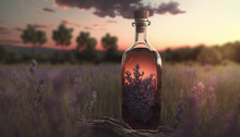 Lavender Essential Oil In Clear Bottle In Lavender Field. Generative AI