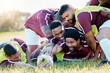 © Anela R/peopleimages.com - Team, sport and rugby by men in training, tackle and workout match at sports field outdoors. Diversity, man and group with ball for workout, challenge or performance, competitive and physical fitness