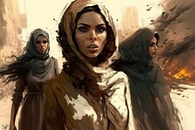 A Fictional Women Rights Concept Of An Arabic Woman With Head Scarf In A Riot Protest