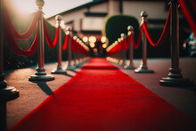 Red Carpet Hallway With Barriers And Red Ropes For Cinema And Fashion Awards, A Ceremony For Celebrities Persons. Generative AI.