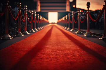 Red Carpet hallway with barriers and red ropes for Cinema and Fashion awards, a ceremony for celebrities persons. Generative AI.