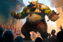 A Giant Ogre, With A Big Belly And Sharp Teeth, Threatening A Group Of Terrified Villagers, Generative Ai