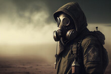 A Man In A Protective Suit In A Post-apocalyptic Setting. Ai Generative.