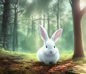 Wall Mural - Little cute white bunny in magical forest. Generative AI