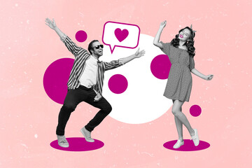 Sticker - Creative photo collage banner of two young people lovers dancing together sympathy concept discotheque first meeting isolated on pink background