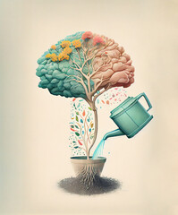 human brain growing from a flower, watering can is pouring water on the mind, mental health concept,