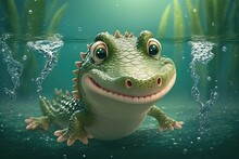 A Cute Adorable Baby Alligator Underwater In The Style Of Children-friendly Cartoon Animation Fantasy Generative Ai 3D Style Illustration 	