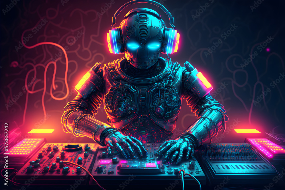 Robot disc jockey at the dj mixer and turntable plays nightclub during party. EDM entertainment party concept. Neural network AI generated art