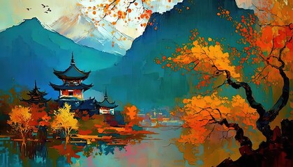 paint like illustration of ancient Chinese village with nature background, Generative Ai