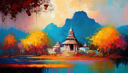 paint like illustration of Ancient Thai style temple with nature background, Generative Ai