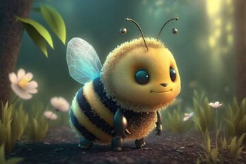 Wall Mural - a cute adorable bee character  stands in nature in the style of children-friendly cartoon animation fantasy generative ai 3D style Illustration 	