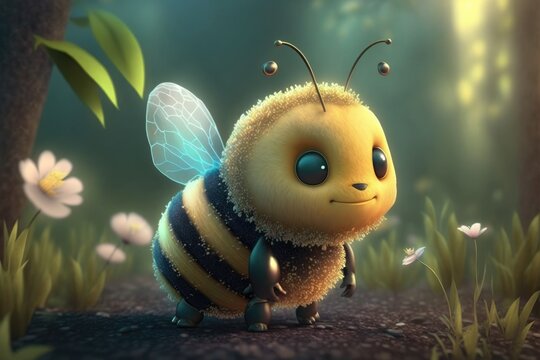 a cute adorable bee character stands in nature in the style of children-friendly cartoon animation f