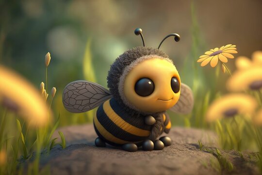 a cute adorable bee character stands in nature in the style of children-friendly cartoon animation f
