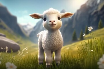 Wall Mural - a cute adorable lamb character  stands in nature in the style of children-friendly cartoon animation fantasy generative ai 3D style Illustration 	