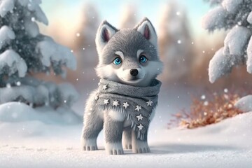 Wall Mural - a cute adorable wolf  character  stands in nature in the style of children-friendly cartoon animation fantasy generative ai 3D style Illustration 	