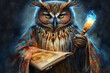 Mysterious sorceress owl. The background is a smoky forest in the fog. Neural network AI generated art