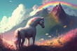 Magic unicorn in fantastic world with fluffy clouds and fairy meadows. Neural network AI generated art