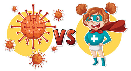 Sticker - Super hero girl vs bacteria virus cartoon