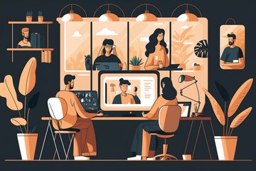 People working on a computer with Colleagues discuss work tasks in a group chat at online meetings and illustrations of remote working and virtual team cartoon design concepts. Generative AI