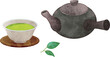 急須と緑茶　手描き水彩風イラスト
