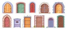 Ancient Doors Of Castle Or Historical Buildings. Isolated Architecture And Exterior Elements. Doors Or Entryway With Crawling Plants. Vector In Flat Style
