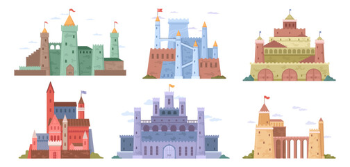 Fantasy old castles with towers and fortifications. Architecture and historical sights, forts and keeps, citadels and strongholds. Vector in flat style