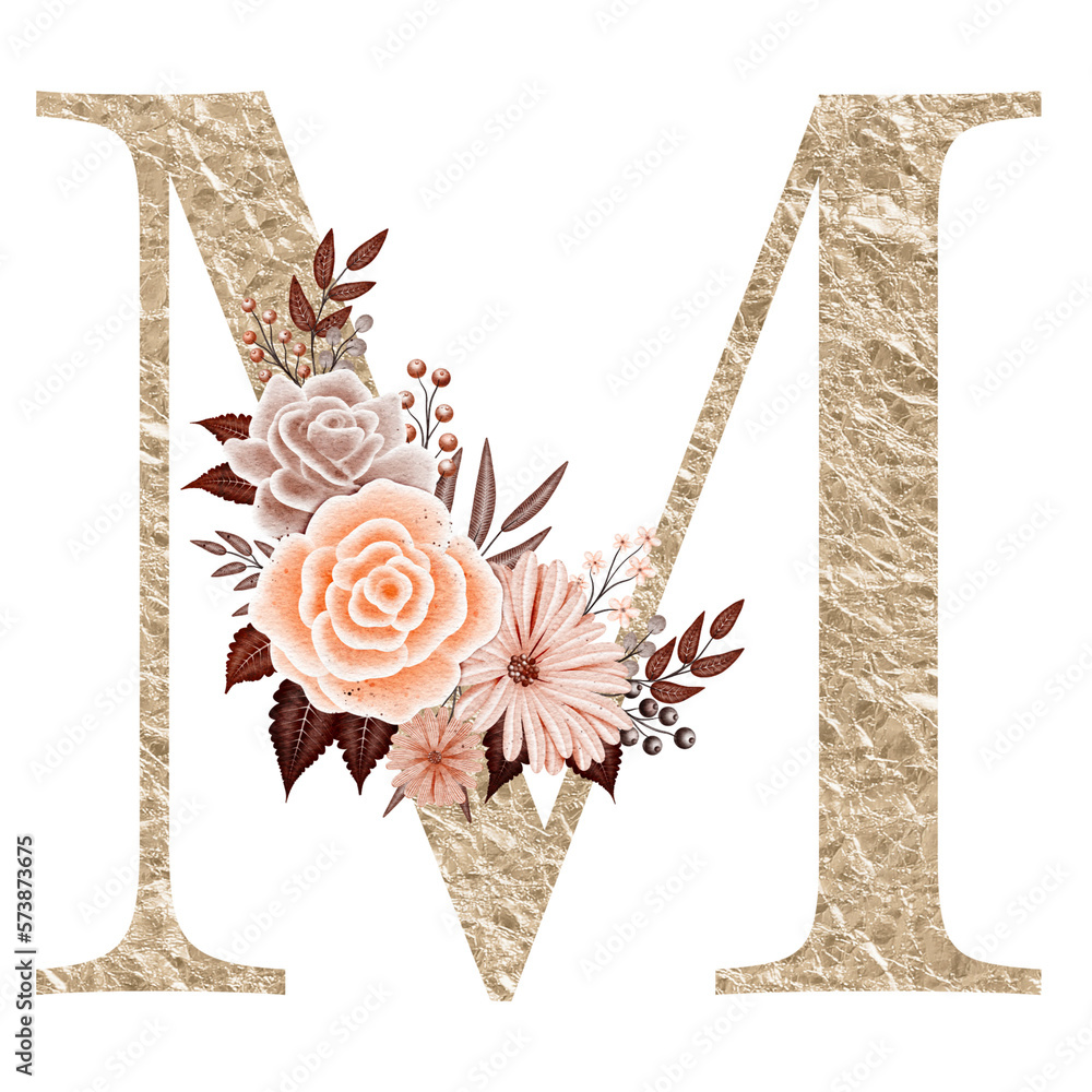 Floral alphabet, gold letter M with watercolor flowers and leaf Stock ...