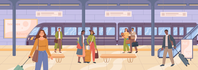 Passengers in railway station or metro subway. People with baggage waiting for train to arrive. Traveling and commuting. Flat cartoon, vector illustration